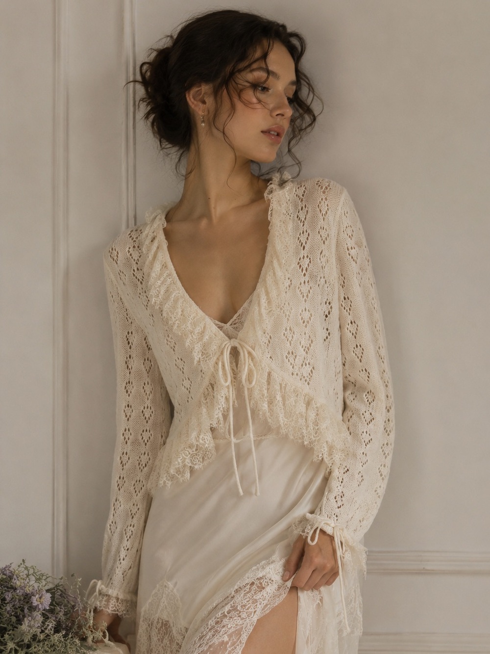 Lace Made Collection Cottagecore Knit Cardigan | Lace Trim Tie Front Sweater